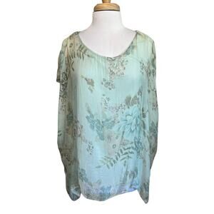 Angela Italy 100% Silk Top Size M Floral Whimsy Cottage Romantic Aqua